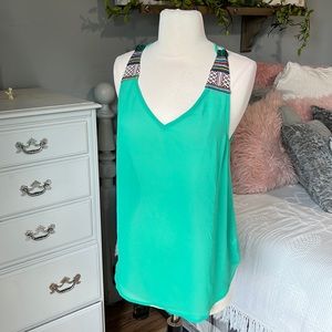 Ya Los Angeles Silk Tank Womens Large Top Needlepoint Open Back Flowy